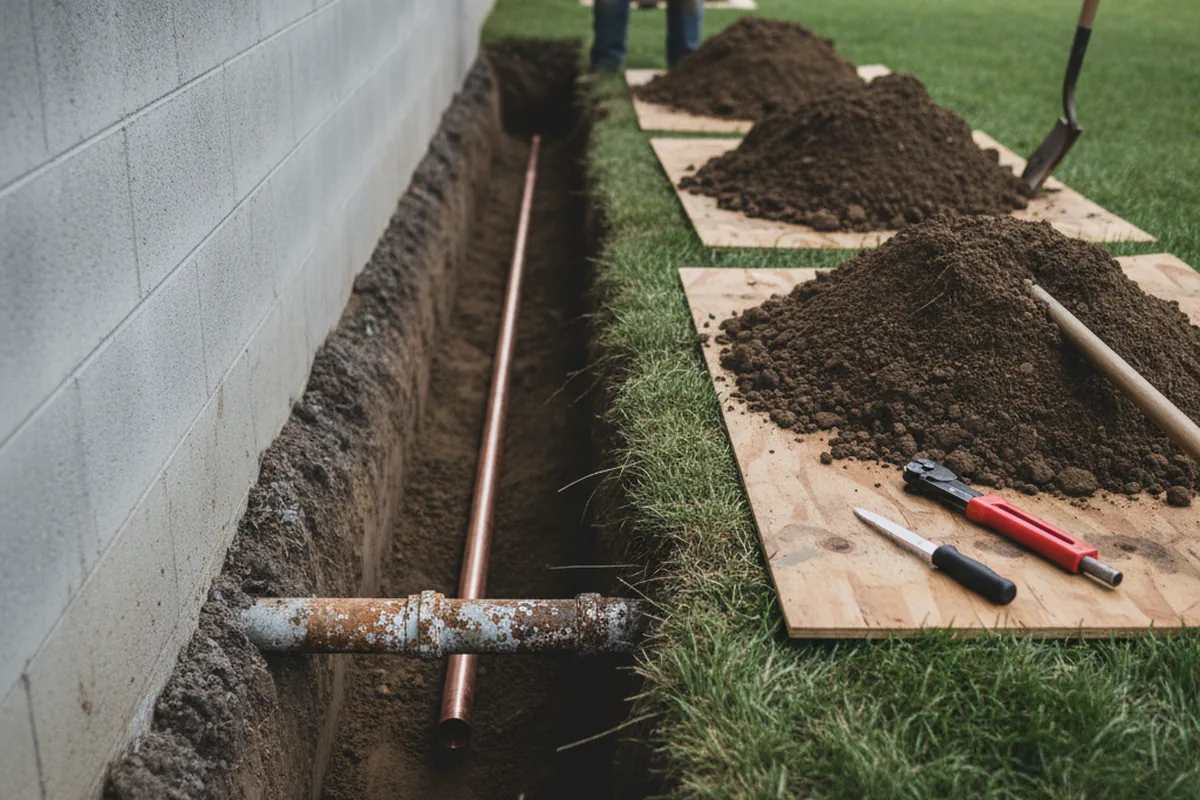 Excavated water line trench during Sewer Line Repair in Pikeville